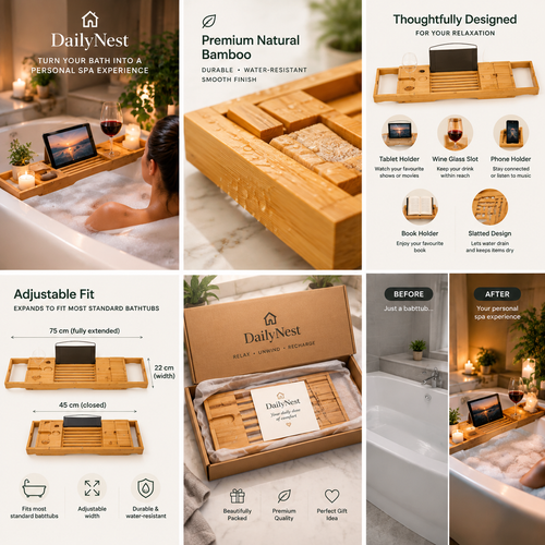Luxury Bamboo Bath Tray – Adjustable Bathtub Caddy for Relaxing Spa Nights