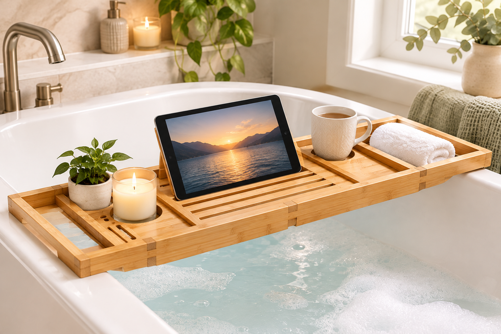 Luxury Bamboo Bath Tray – Adjustable Bathtub Caddy for Relaxing Spa Nights