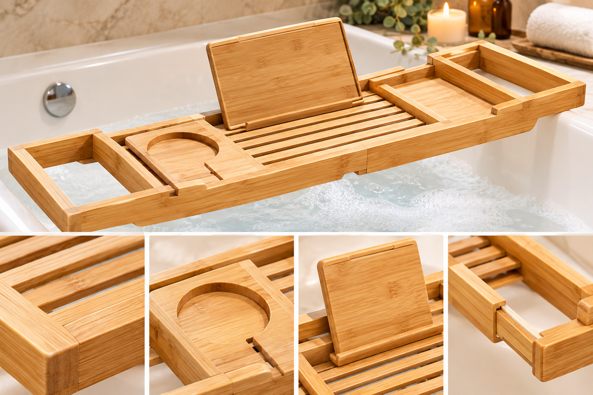 Luxury Bamboo Bath Tray – Adjustable Bathtub Caddy for Relaxing Spa Nights